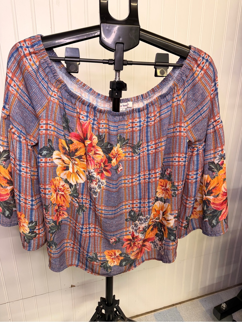 Jealous Tomato Blue Plaid Top with Orange Floral Print